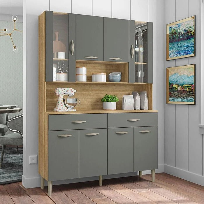 Cristaleira de cozinha em madeira com portas cinza e vidro, design moderno em ambiente decorado