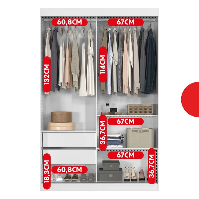 Parte interna do guarda-roupa branco de 2 portas de correr com prateleiras, cabideiros e gavetas, medidas destacadas.