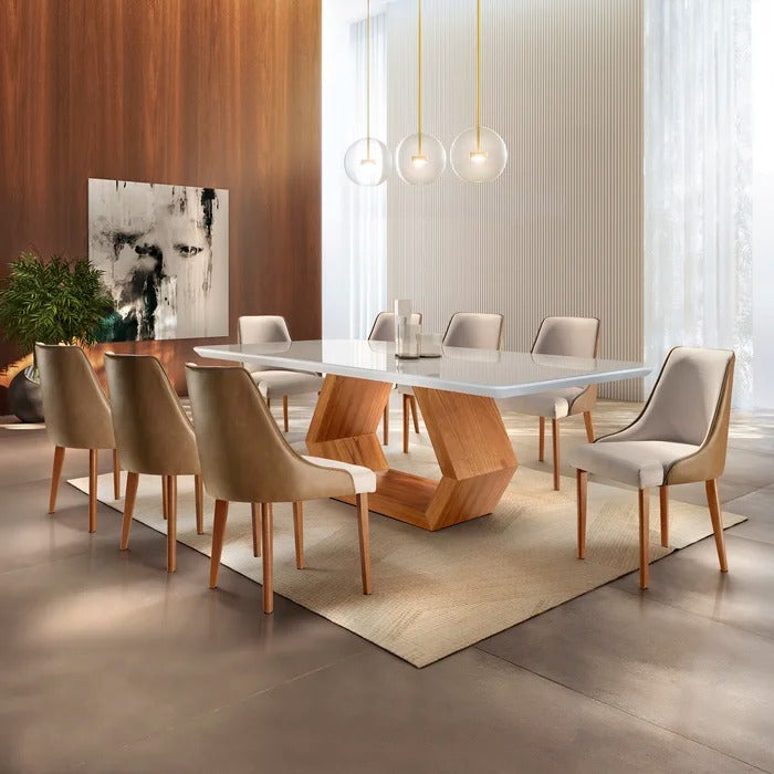 Mesa de Jantar Madeira Maciça 220cm com Vidro e 8 Cadeiras Estofadas