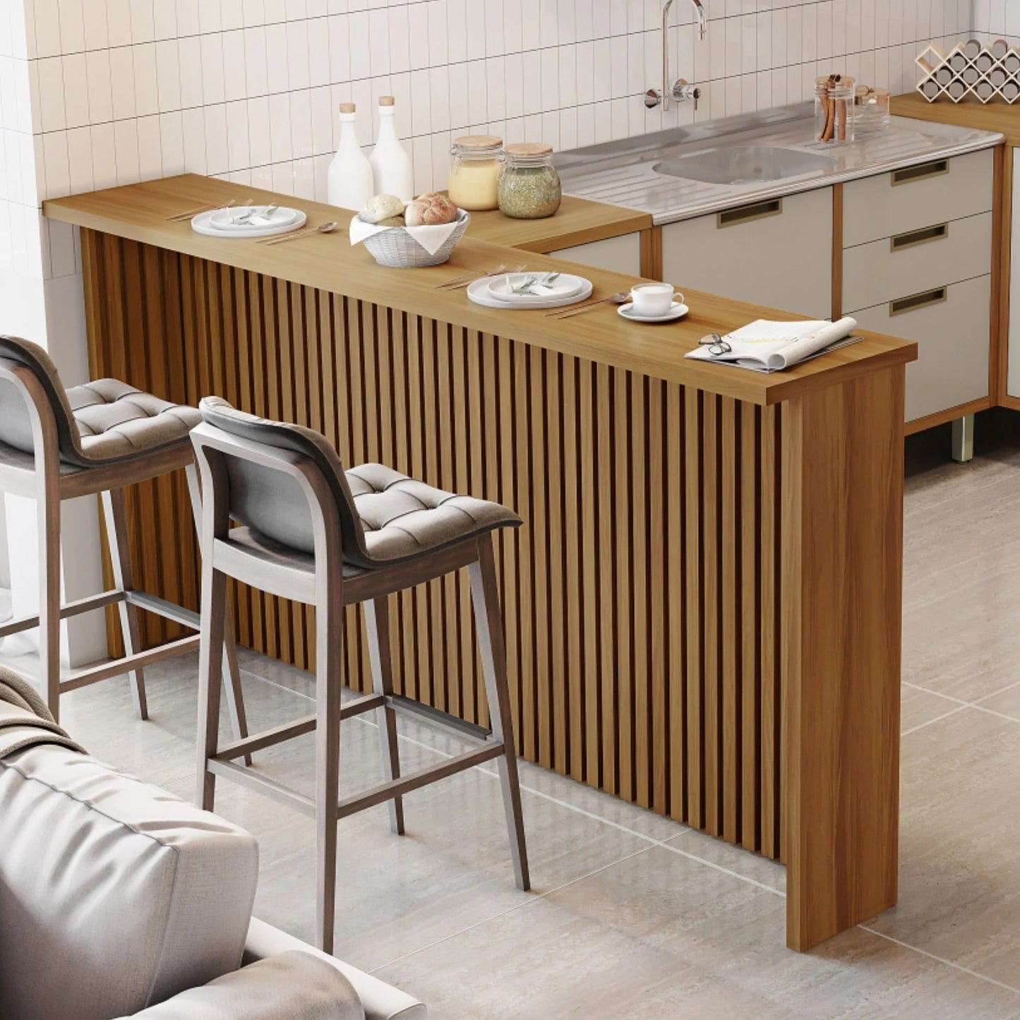 Painel Ripado com Bancada para Cozinha 200cm em MDF – Freijó