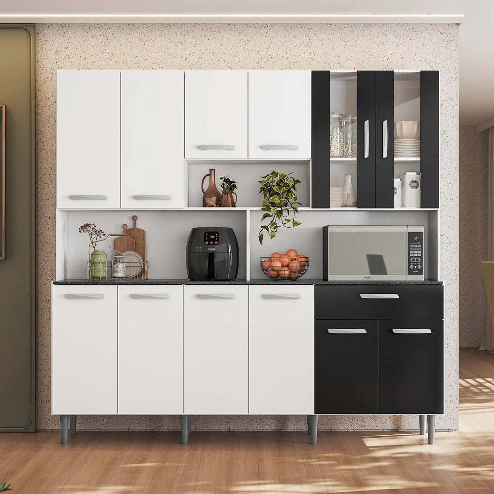 Armário de Cozinha 12 Portas 1 Gaveta com Vidro – Branco e Preto
