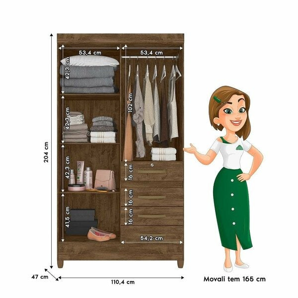 Guarda-Roupa Solteiro com 4 Portas, 4 Gavetas e Espelhos – Castanho Wood