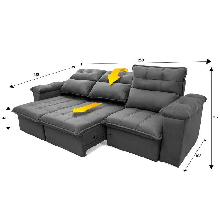 Sofá Retrátil e Reclinável 4 Lugares 2,30m Suede Cinza com Molas