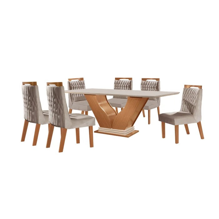 Mesa de Jantar com Vidro e 6 Cadeiras Estofadas Cinamomo/Off White