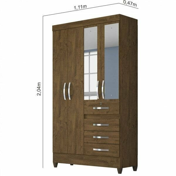 Guarda-Roupa Solteiro com 4 Portas, 4 Gavetas e Espelhos – Castanho Wood