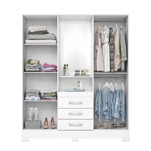 Guarda-Roupa Solteiro 4 Portas com Espelho e 3 Gavetas Branco