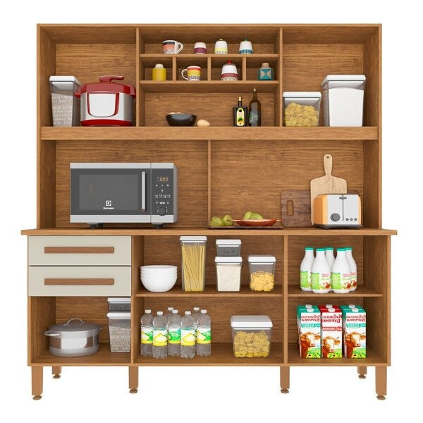 Cozinha Compacta 6 Portas 2 Gavetas com Tampo – Cinamomo e Off White