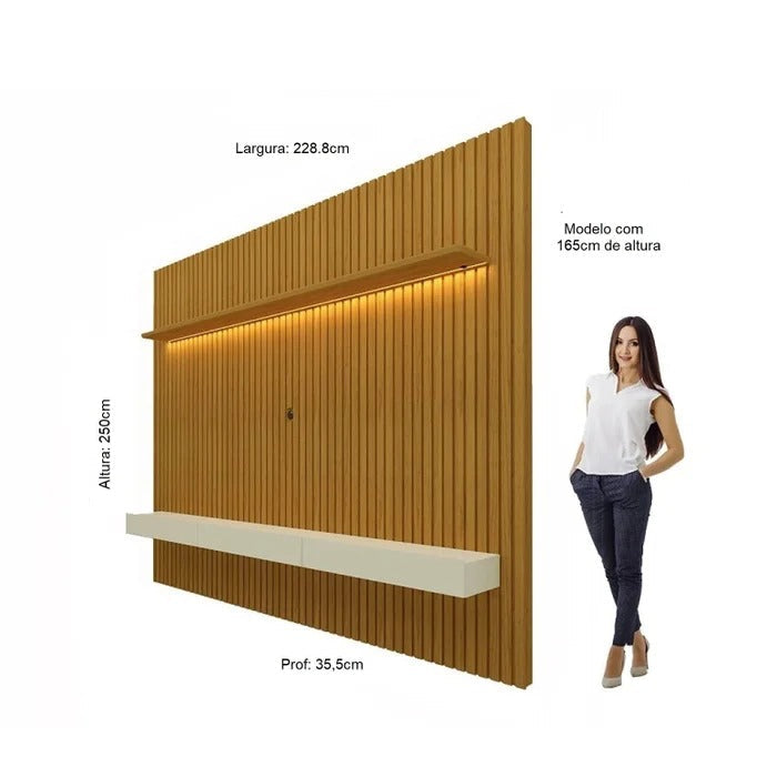 Painel Ripado para TV até 90 Polegadas 229cm com LED e 3 Gavetas MDF