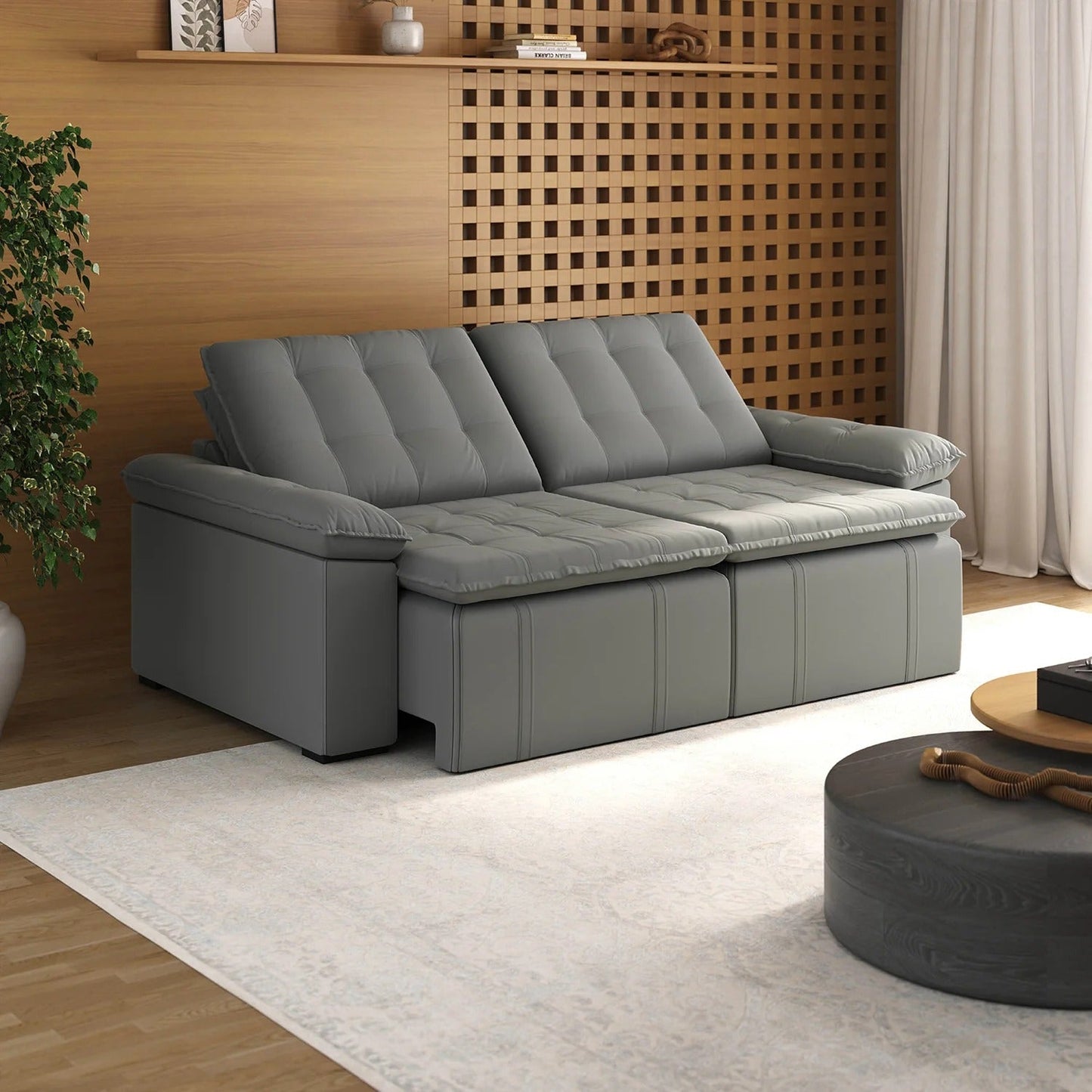 Sofá Cama Retrátil e Reclinável 4 Lugares 240cm Veludo Cinza com Molas
