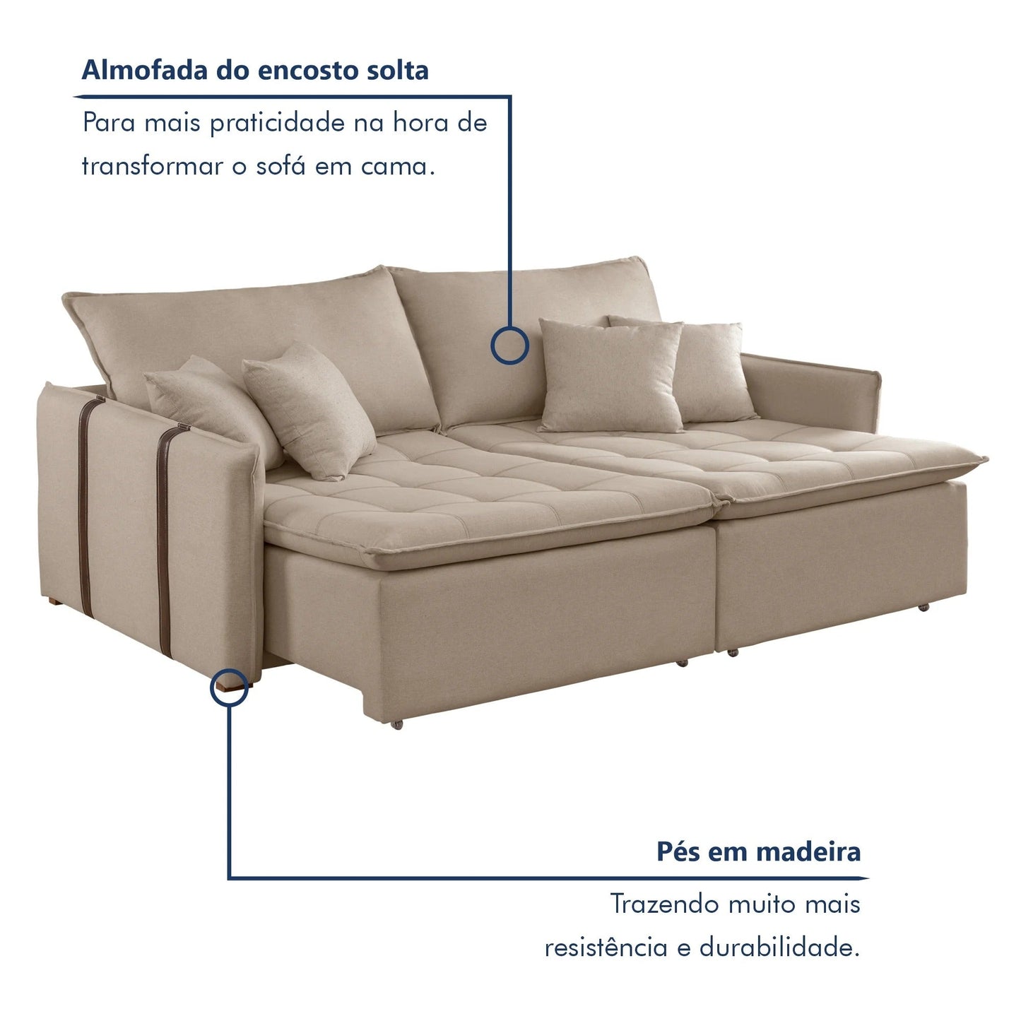 Sofá-Cama Retrátil e Reclinável 3 Lugares Linho Cru 200cm com Molas Bonnel