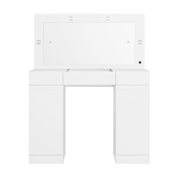 Penteadeira Camarim com Espelho LED, 3 Gavetas, 2 Portas e Nichos Branco
