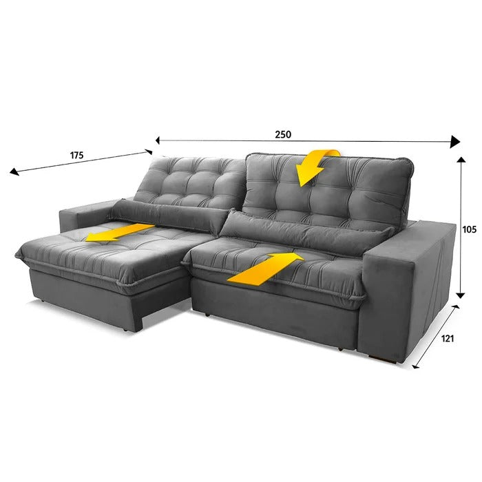 Sofá Retrátil e Reclinável Zurique 2,50m Suede Cinza com Molas e Encosto de 5 Posições