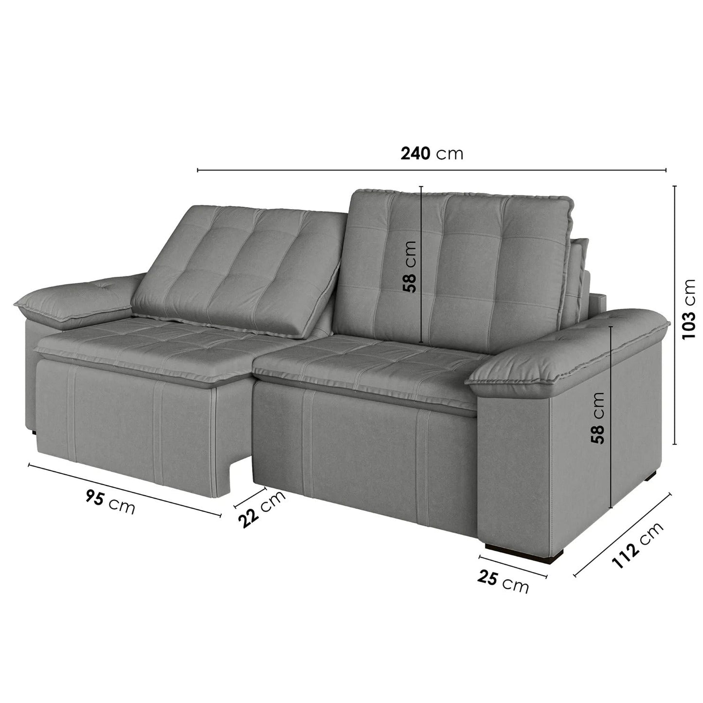 Sofá Cama Retrátil e Reclinável 4 Lugares 240cm Veludo Cinza com Molas