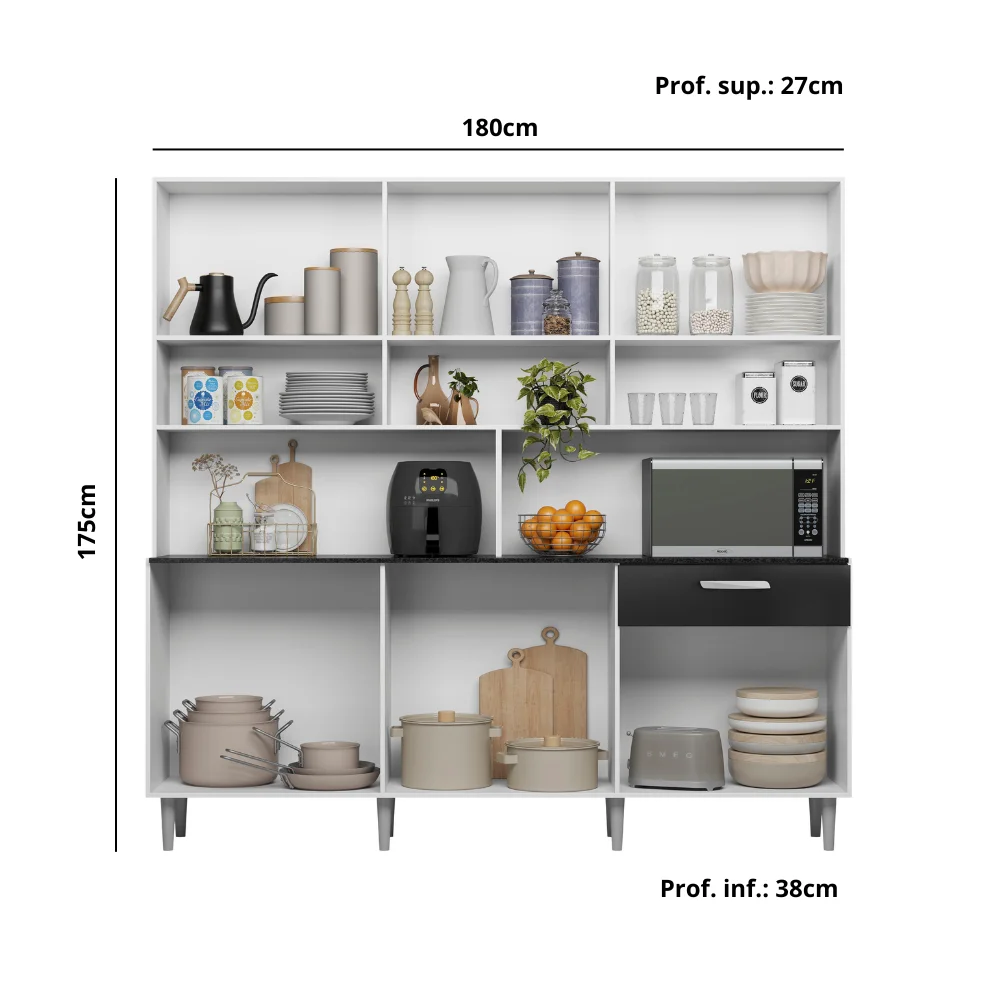 Armário de Cozinha 12 Portas 1 Gaveta com Vidro – Branco e Preto