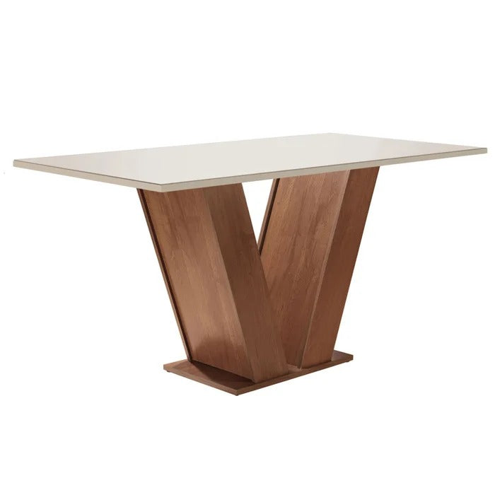 Conjunto Mesa de Jantar 160cm Tampo de Vidro com 6 Cadeiras Estofadas Base em V