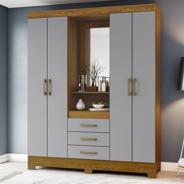Guarda-Roupa Solteiro 4 Portas 3 Gavetas com Espelho MDP Nature Cinza Bhappy