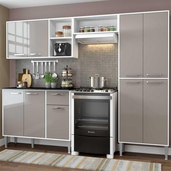Cozinha Compacta Modular com Balcão e Armário – Branco e Lacca Fumê