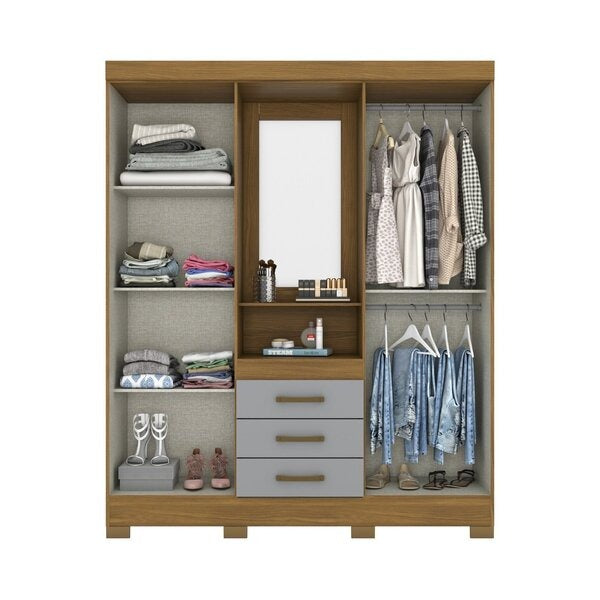 Guarda-Roupa Solteiro 4 Portas 3 Gavetas com Espelho MDP Nature Cinza Bhappy
