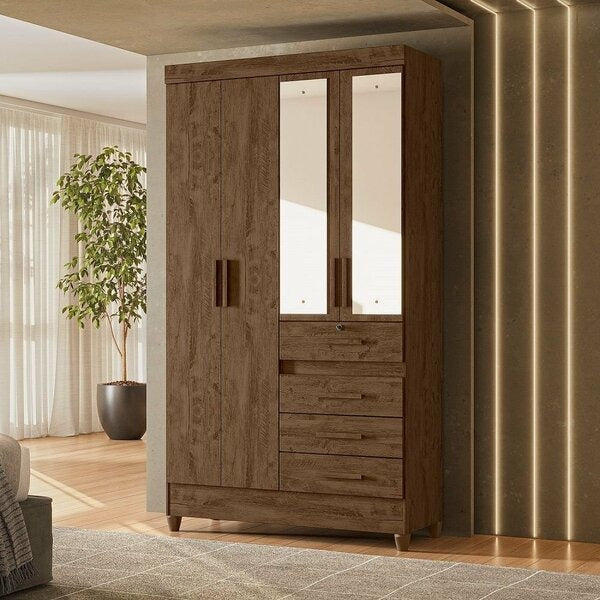 Guarda-Roupa Solteiro com 4 Portas, 4 Gavetas e Espelhos – Castanho Wood