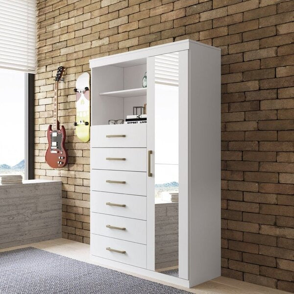 Cômoda 6 Gavetas e 1 Porta com Espelho 163cm Branco