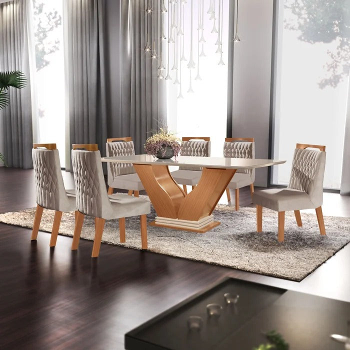 Mesa de Jantar com Vidro e 6 Cadeiras Estofadas Cinamomo/Off White