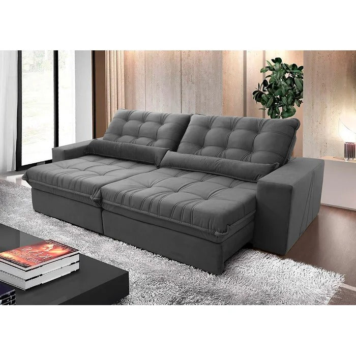 Sofá Retrátil e Reclinável Zurique 2,50m Suede Cinza com Molas e Encosto de 5 Posições