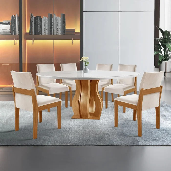 Mesa Redonda com Vidro e 6 Cadeiras Estofadas Suede Cinamomo/Off White