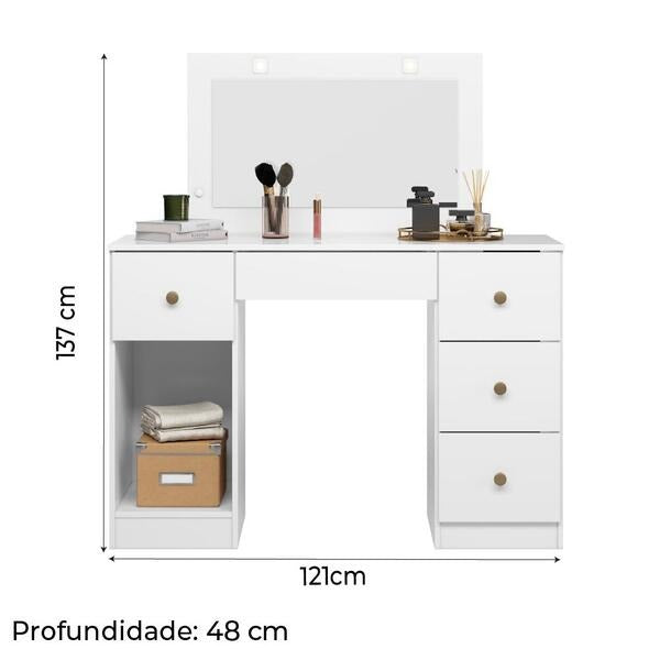 Penteadeira Camarim com Espelho LED, 5 Gavetas e 1 Porta Branco