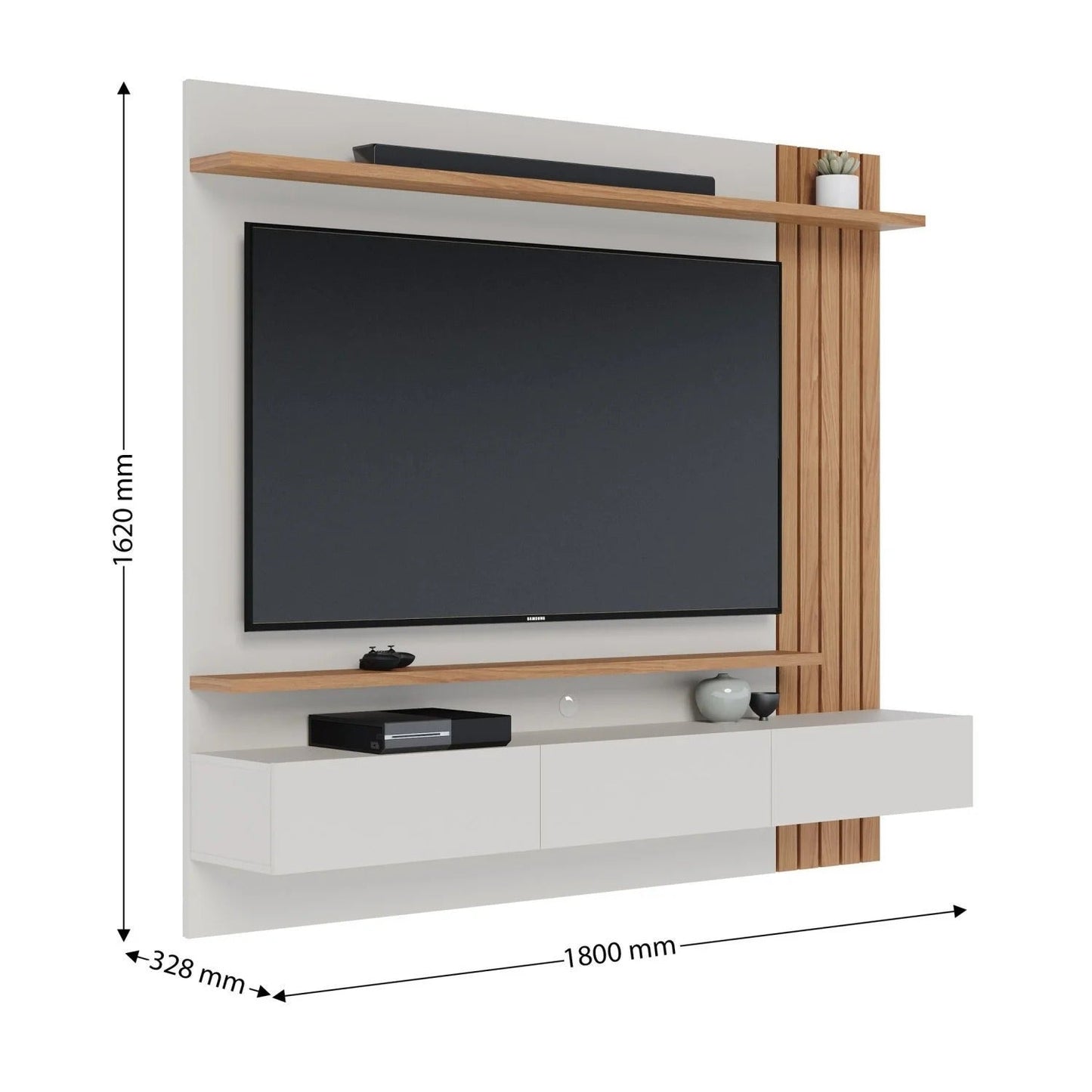 Painel para TV madeira e branco com gaveteiro e prateleiras, medidas 162 cm x 180 cm