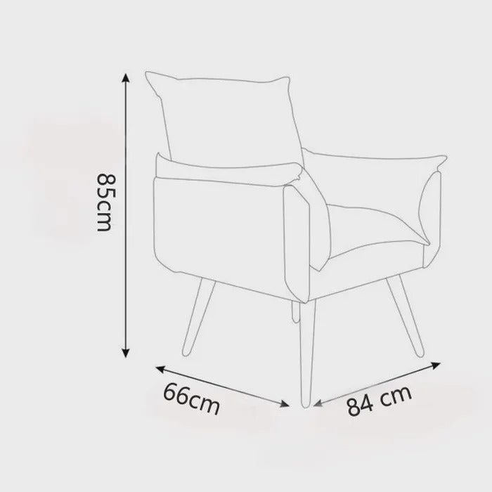Desenho técnico da poltrona bege estofada com medidas 85 cm altura, 84 cm largura e 66 cm profundidade