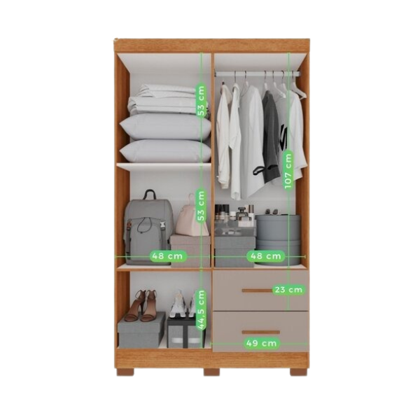 Guarda-Roupa Solteiro 4 Portas com 2 Gavetas e Espelho Cinamomo/Off White
