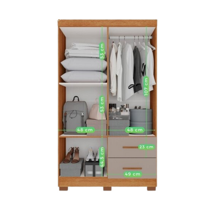 Guarda-Roupa Solteiro 4 Portas com 2 Gavetas e Espelho Cinamomo/Off White