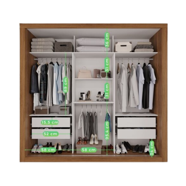 Guarda-Roupa Casal 3 Portas de Correr com Espelho Cinamomo/Off-White