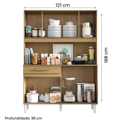 Armário de cozinha 6 portas e 1 gaveta, com nichos abertos em freijó, medidas 121x168x38 cm, vista frontal.