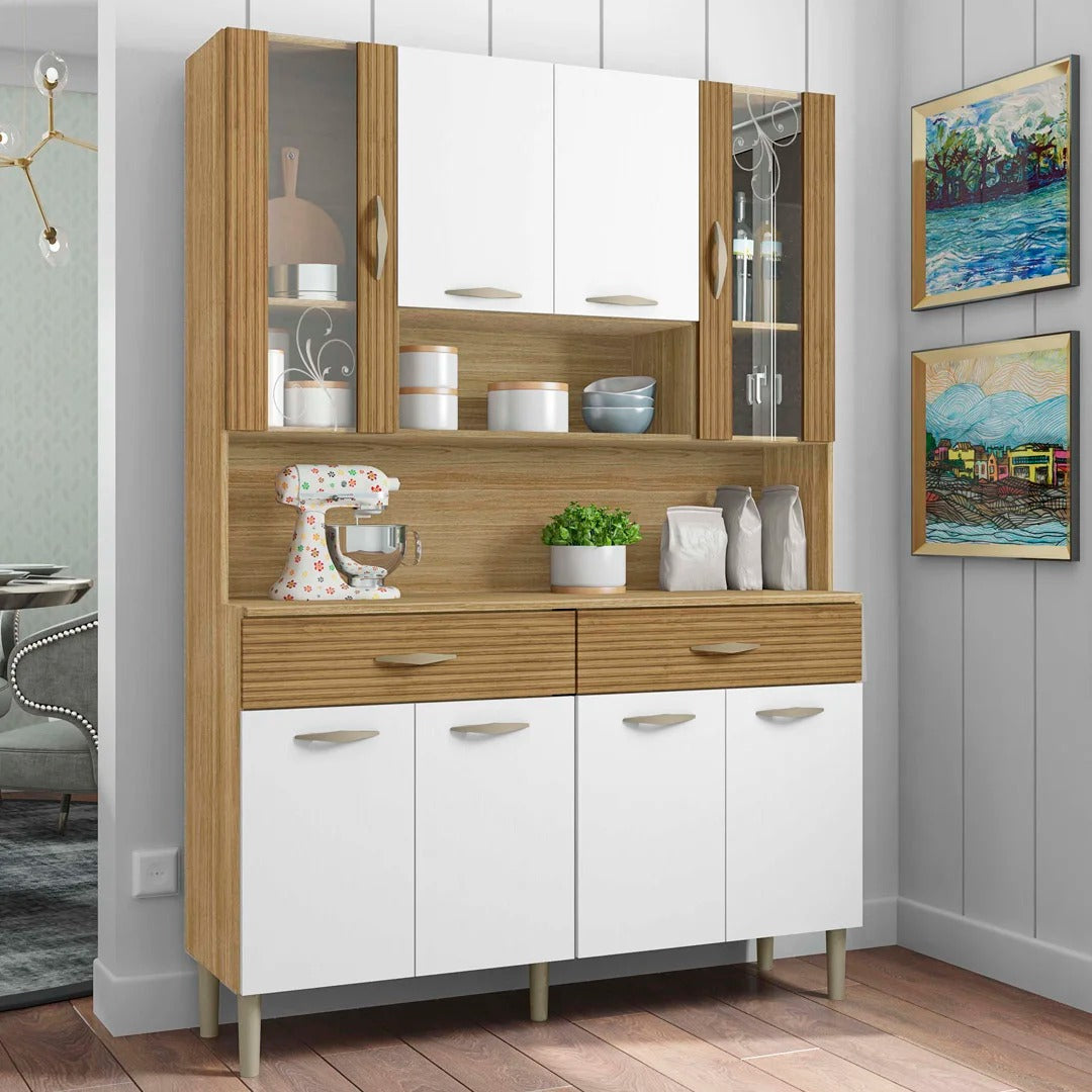 Armário de cozinha branco e madeira 8 portas e 2 gavetas com vidro, foto ambientada em sala moderna