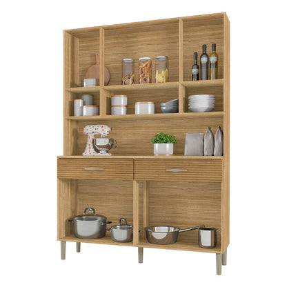 Armário de cozinha 8 portas e 2 gavetas com prateleiras internas de madeira e vidro, mostrando organização.