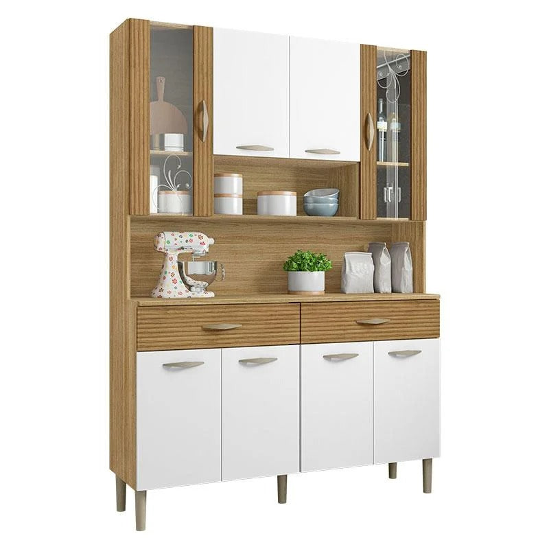 Armário de cozinha branco com portas de vidro e detalhes amadeirados, ideal para organizar utensílios e decorar o ambiente.