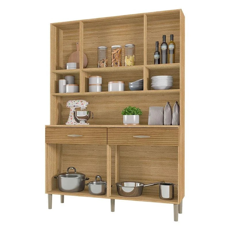 Armário de cozinha em madeira com prateleiras abertas, duas gavetas e espaço para utensílios, vista frontal.