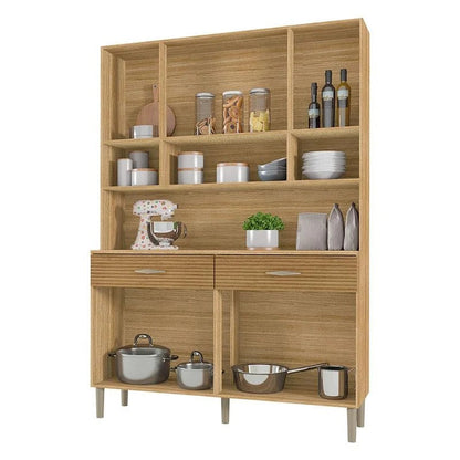Armário de cozinha em madeira com prateleiras abertas, duas gavetas e espaço para utensílios, vista frontal.