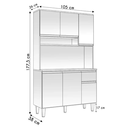 Desenho técnico de armário de cozinha preto com 7 portas, 1 gaveta e medidas: 177,5x105x38 cm