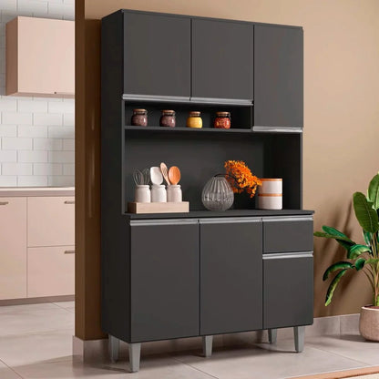 Armário de cozinha preto fosco com 7 portas, 1 gaveta e nicho central, estilo moderno, em ambiente decorado.