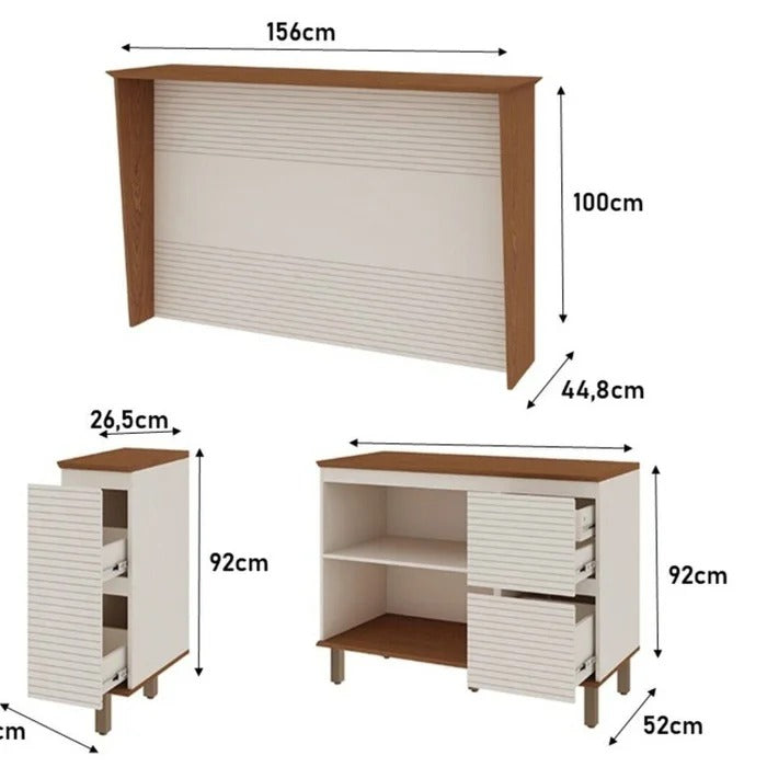 Balcão de cozinha 3 portas e 2 gavetas off white com tampo de madeira, medidas detalhadas em centímetros.