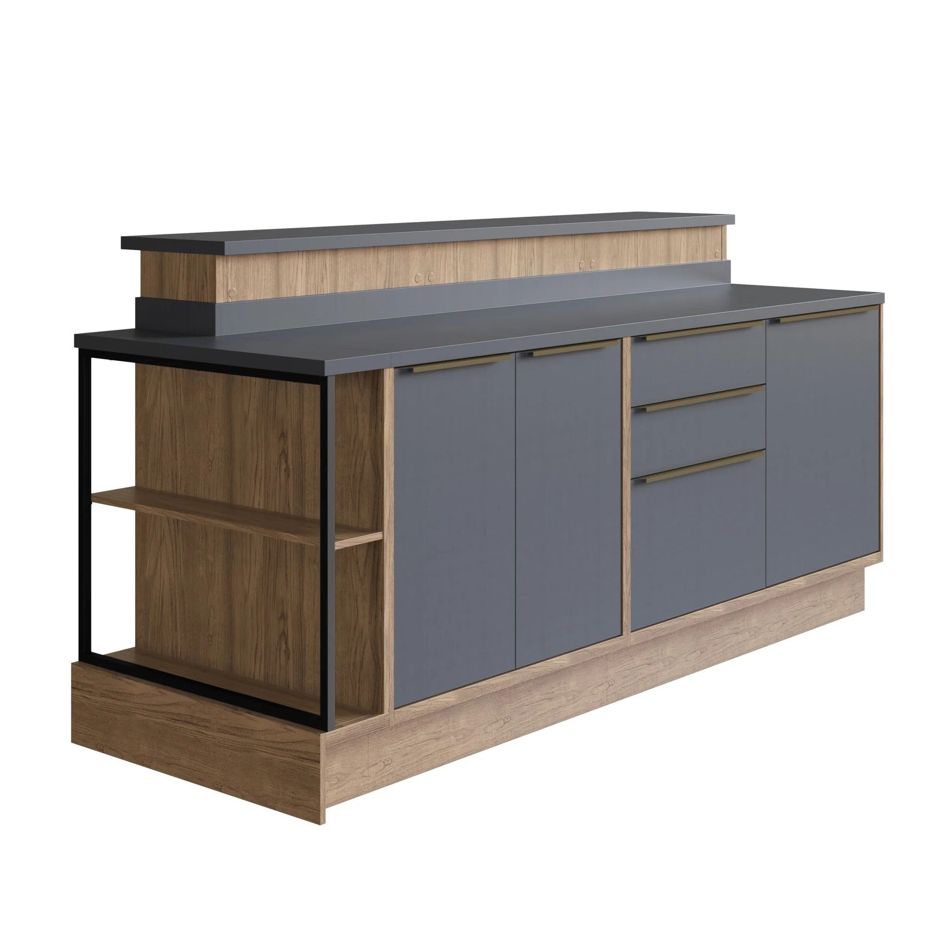 Bancada gourmet de cozinha cinza com tampo preto, 3 gavetas, 2 portas e lateral com prateleira em madeira.
