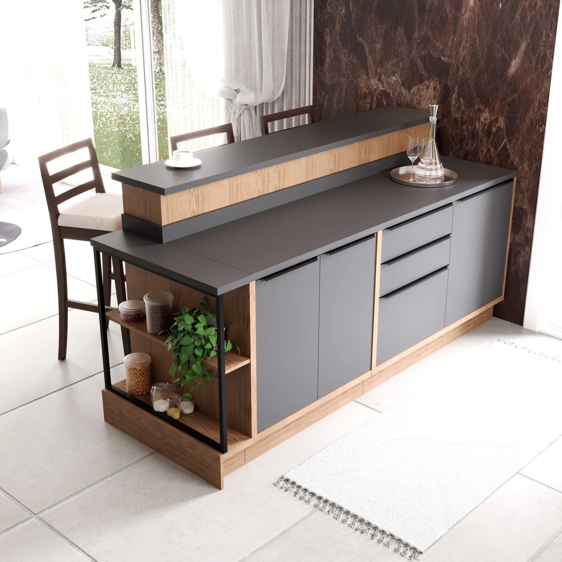 Bancada gourmet cinza com tampo preto e prateleira lateral em madeira clara, em ambiente moderno de cozinha.