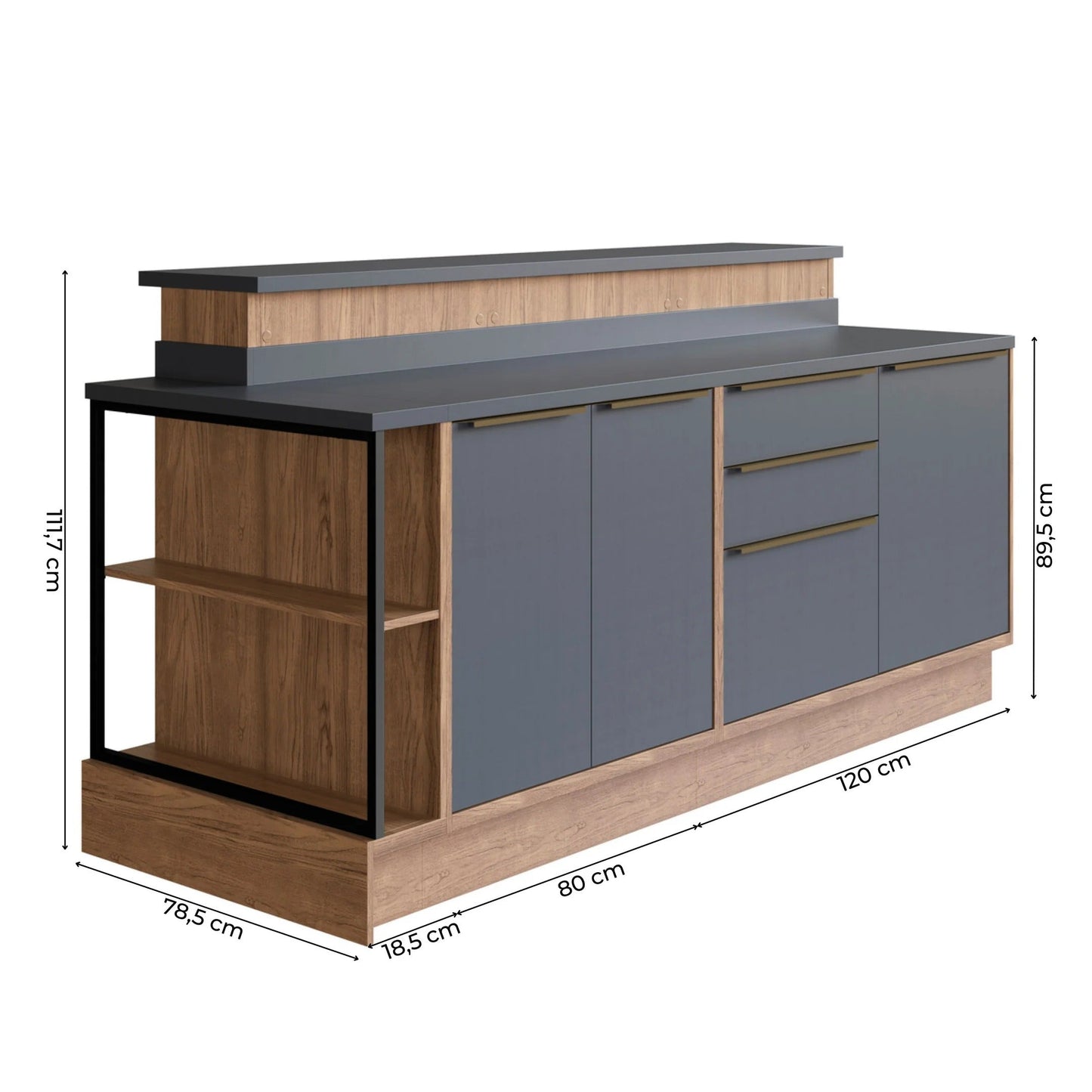 Bancada gourmet cinza com tampo preto e detalhes em madeira clara, imagem com medidas de altura, largura e profundidade.