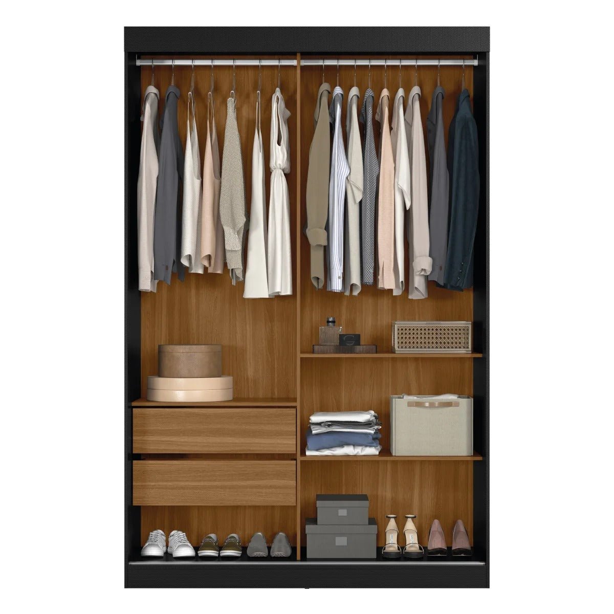 Interior do guarda-roupa 2 portas de correr preto e branco com cabideiros, prateleiras e gavetas.