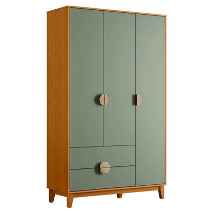 Guarda-roupa retrô verde com 3 portas e 2 gavetas, estrutura em madeira e puxadores redondos.