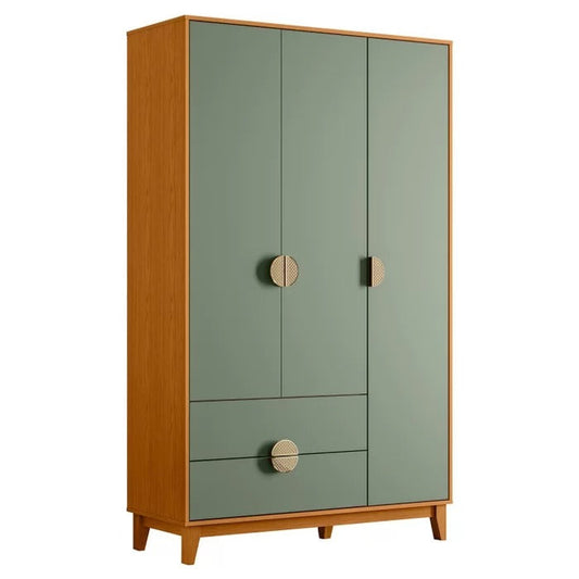 Guarda-roupa retrô verde com 3 portas e 2 gavetas, estrutura em madeira e puxadores redondos.