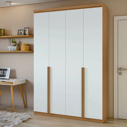 Guarda-roupa 4 portas branco com puxadores em madeira e design moderno para quarto