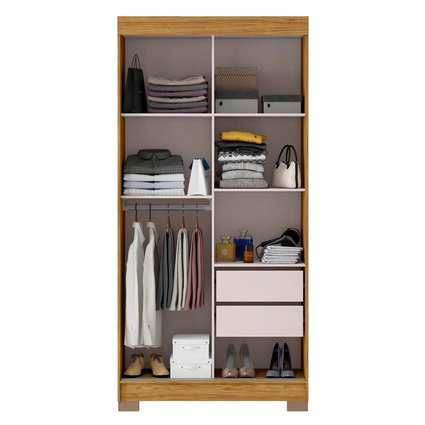Guarda-roupa de casal com 2 portas de correr, divisórias internas, prateleiras, espaço para cabideiro e gavetas organizadoras.